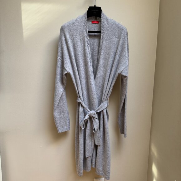 JENNIE LIU 100% Pure Cashmere Belted Lux Wrap Cardigan Robe - Light Grey - Picture 4 of 13
